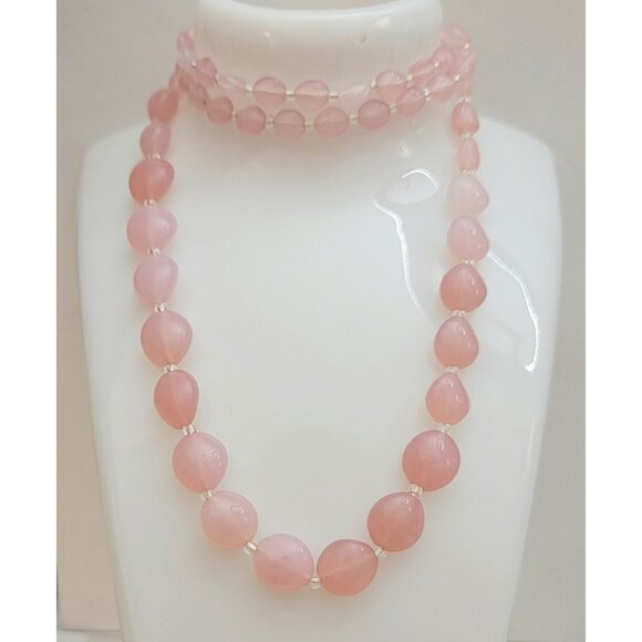 Pink Glass Graduated Bead, Clear Seed Bead Strand Necklace, 27.5" Long M575